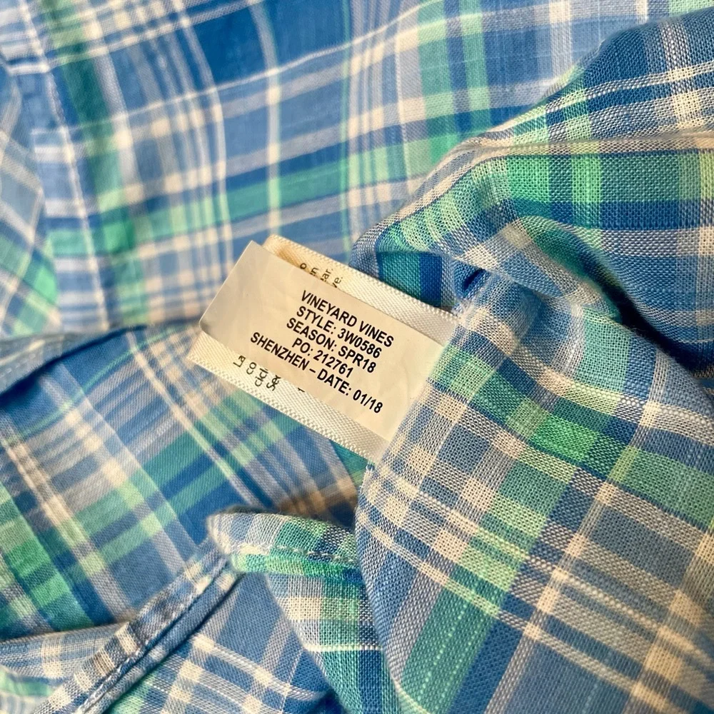 Vineyard Vines Boy's L(16) 100% Cotton Blue & Green Plaid Button-Down Shirt